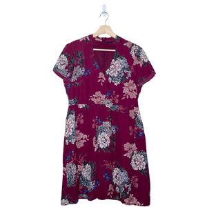AS U Wish Floral Dress Womens Small S  Maroon Print Round Neck‎ Cutout Pleated